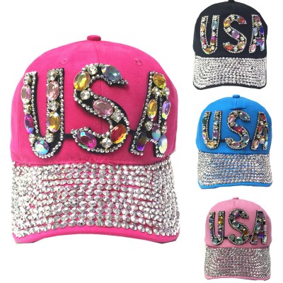  Fully Studded Rhinestone USA Adjustable Cotton Baseball Cap Hat  eb-53883236